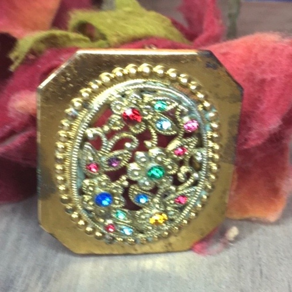 Vintage MCM Floral Filigree Gold Brooch with Colorful Glass Rhinestones
